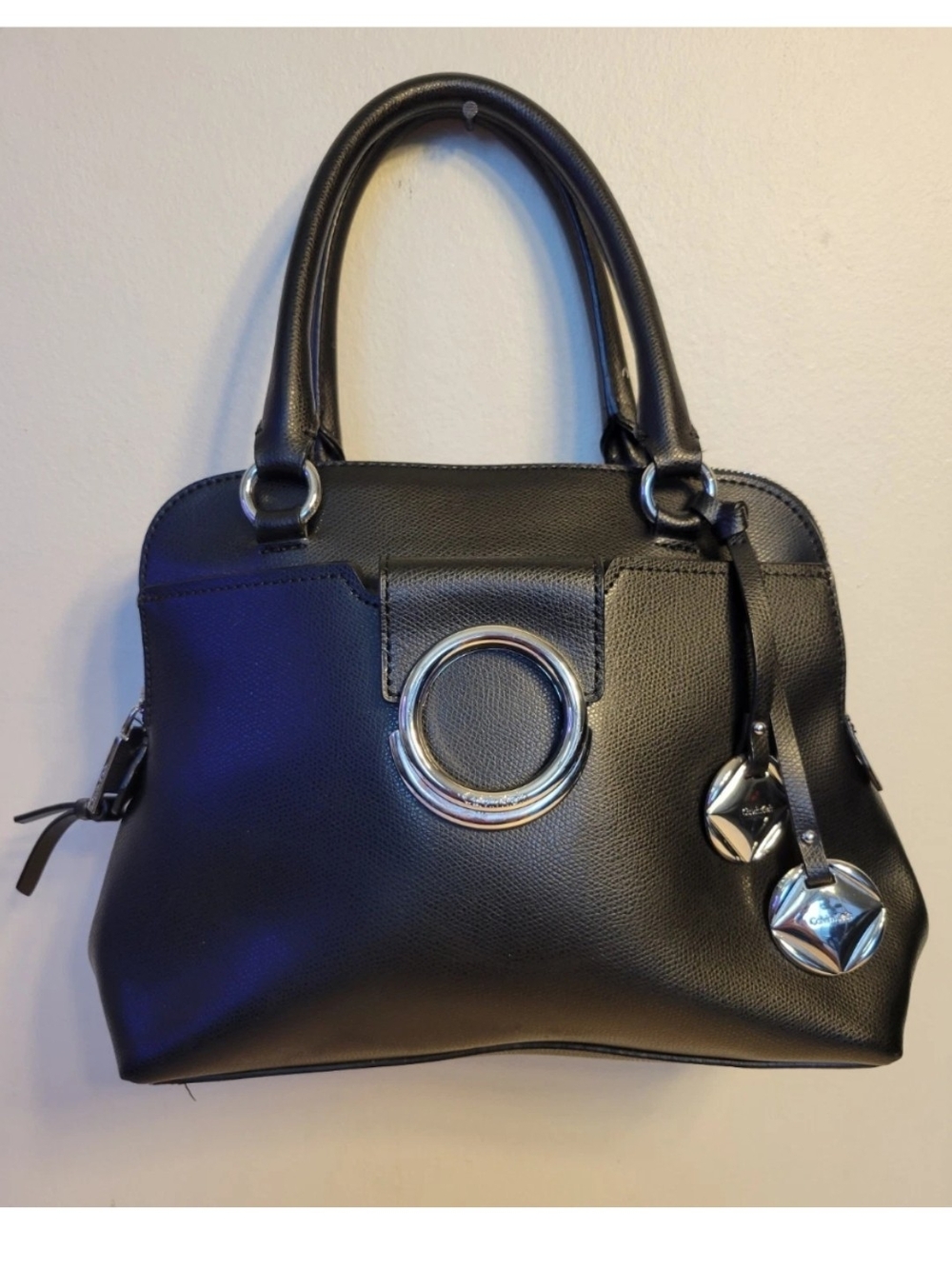 Calvin Klein Black Leather Satchel with Silver Hardware